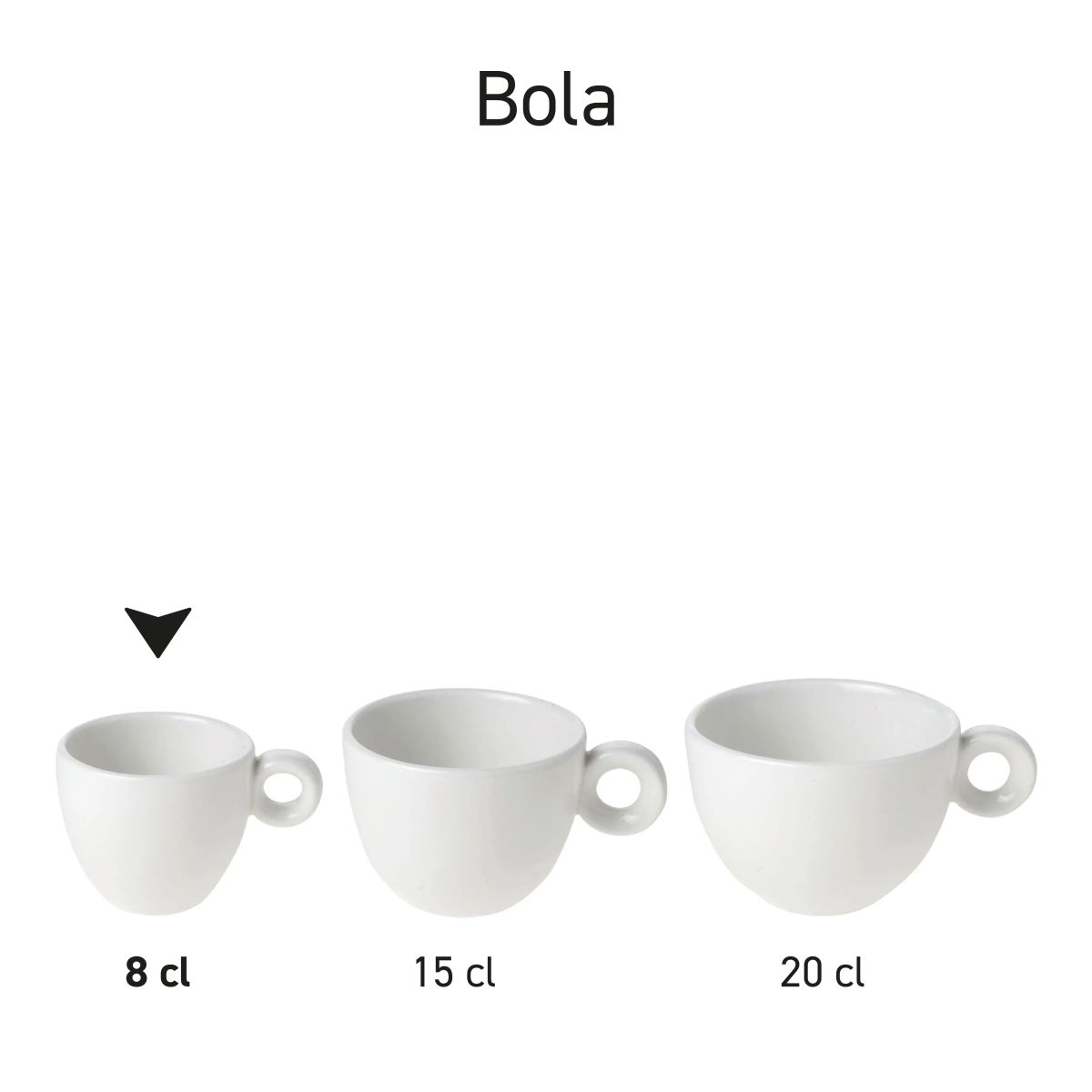 Overview image of Bola espresso cups in porcelain, shown as a product series in different angles.