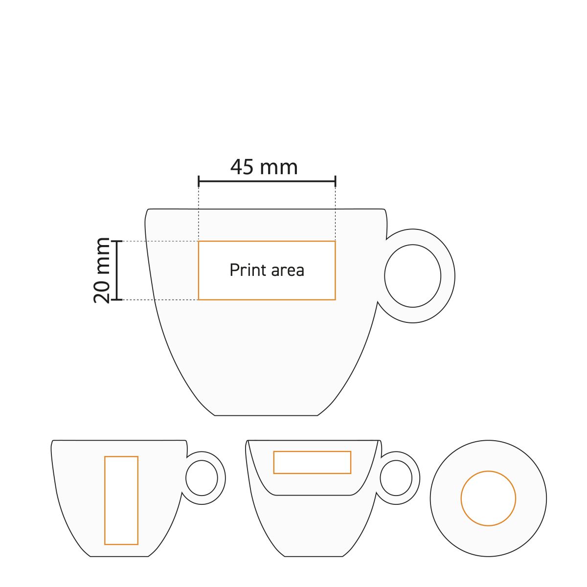 Technical working drawing with printing area on Bola coffee cup 15 cl. made of porcelain.