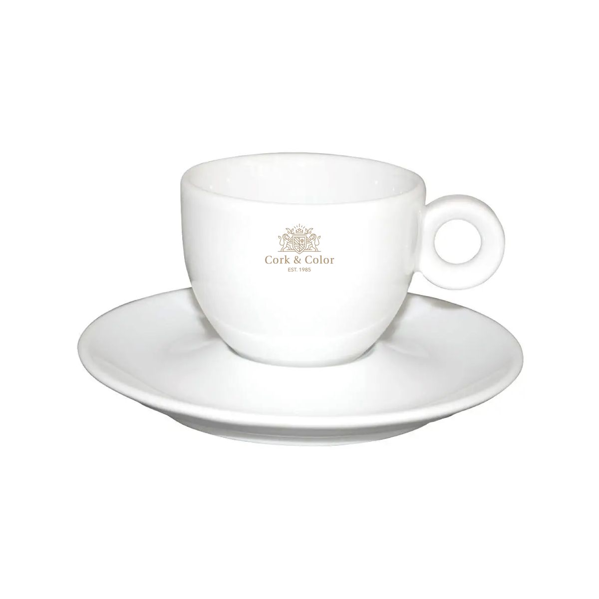 Bola coffee white 15 cl. set with one-coloured CorkColor logo on front of porcelain.