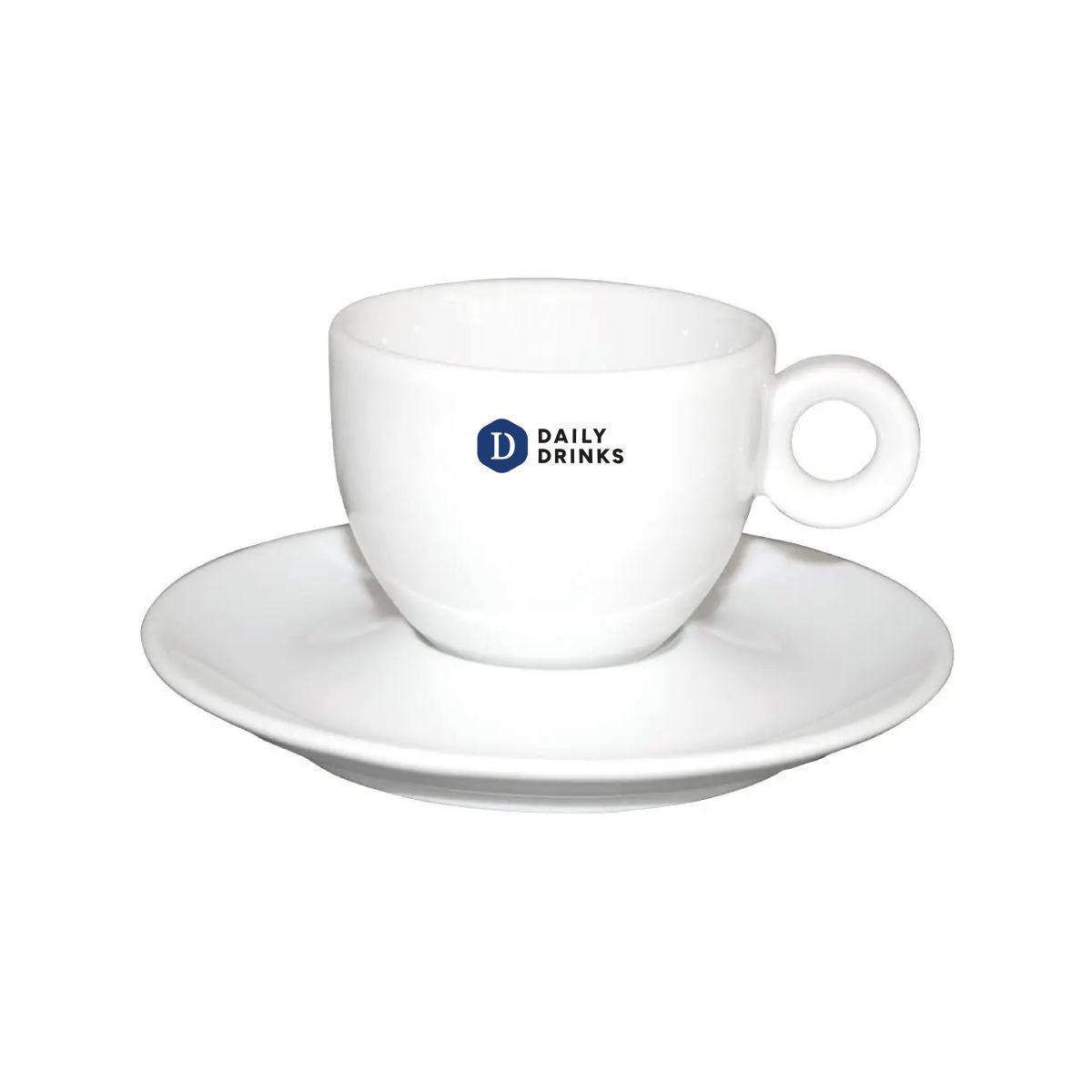 Front of Bola coffee cup 15 cl printed with multicoloured DailyDrinks logo.
