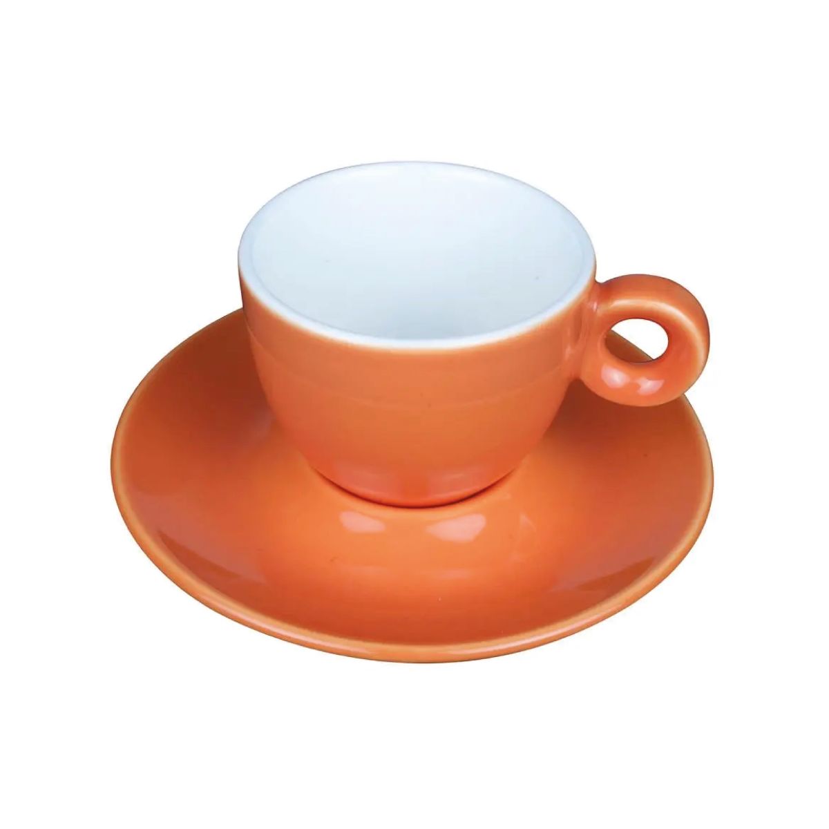 Front view of Bola coffee 15 cl. set in orange-white porcelain, with convex shape and smooth surface.