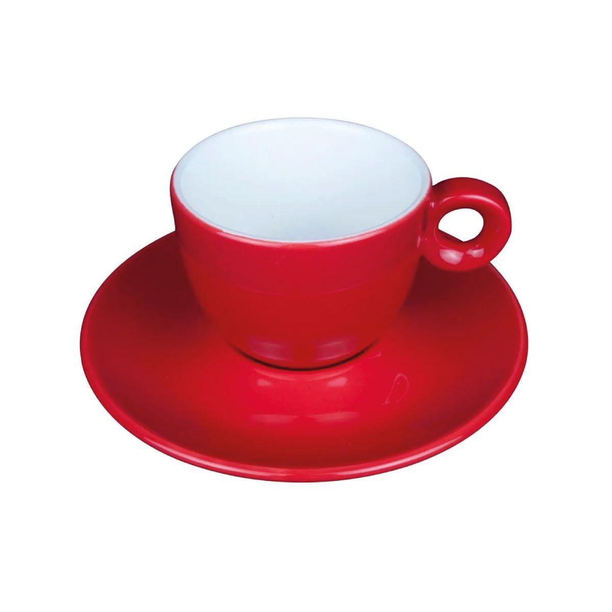 Front view of Bola coffee 15 cl. set in red and white porcelain, with convex shape and smooth surface.