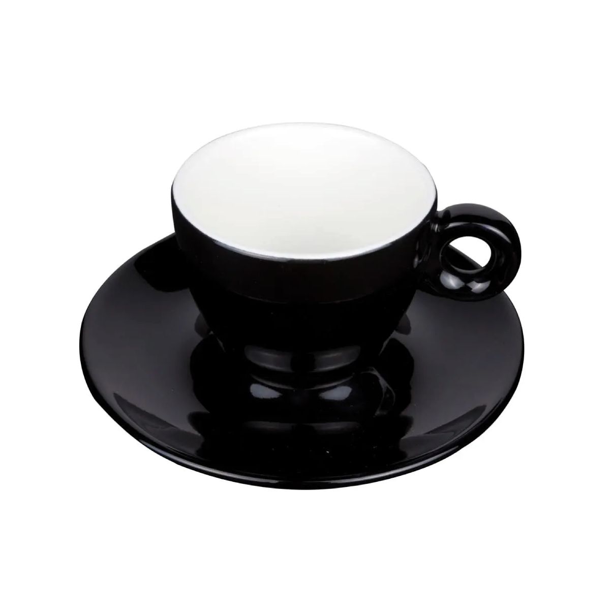 Front view of Bola coffee 15 cl. set in black and white porcelain, with convex shape and smooth surface.