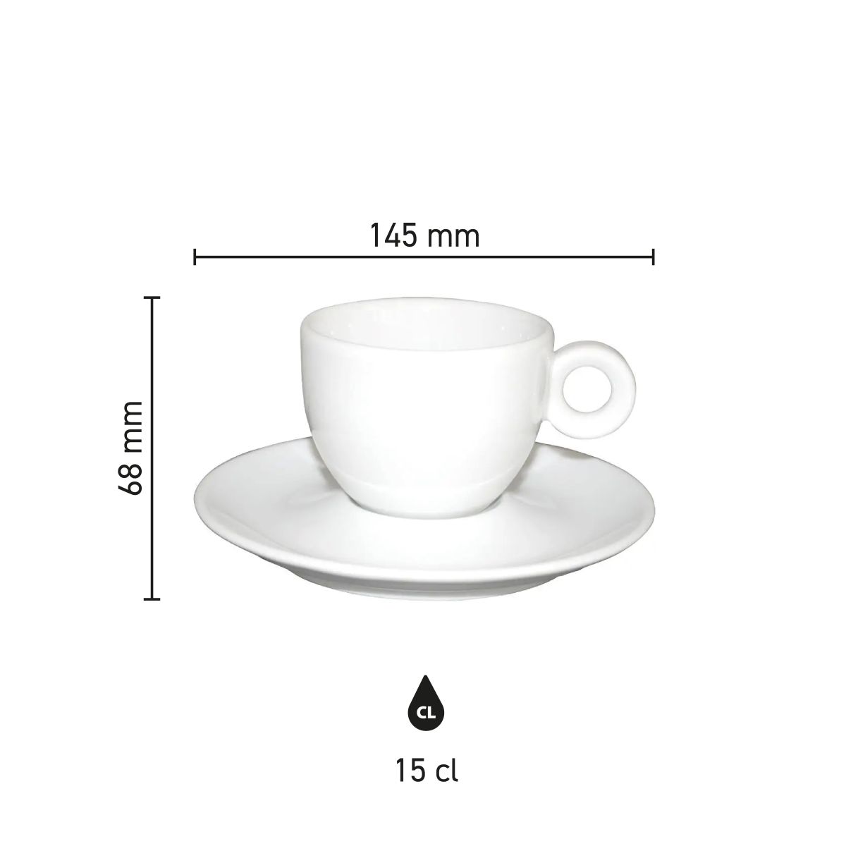 Infographic showing dimensions of Bola coffee white15 cl. set including height and diameter.