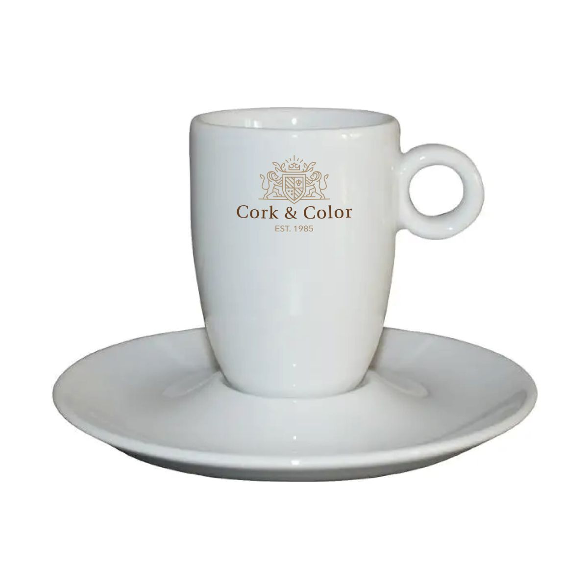 Voorzijde van hoog koffiekopje 19 cl. bedrukt met meerkleurig CorkColor-logo.