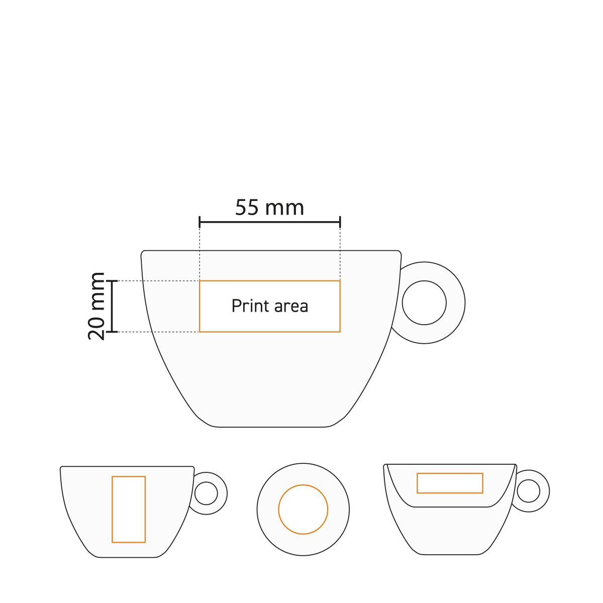 Technical working drawing with printing area of the Bola coffee latte cup 28 cl, white porcelain.