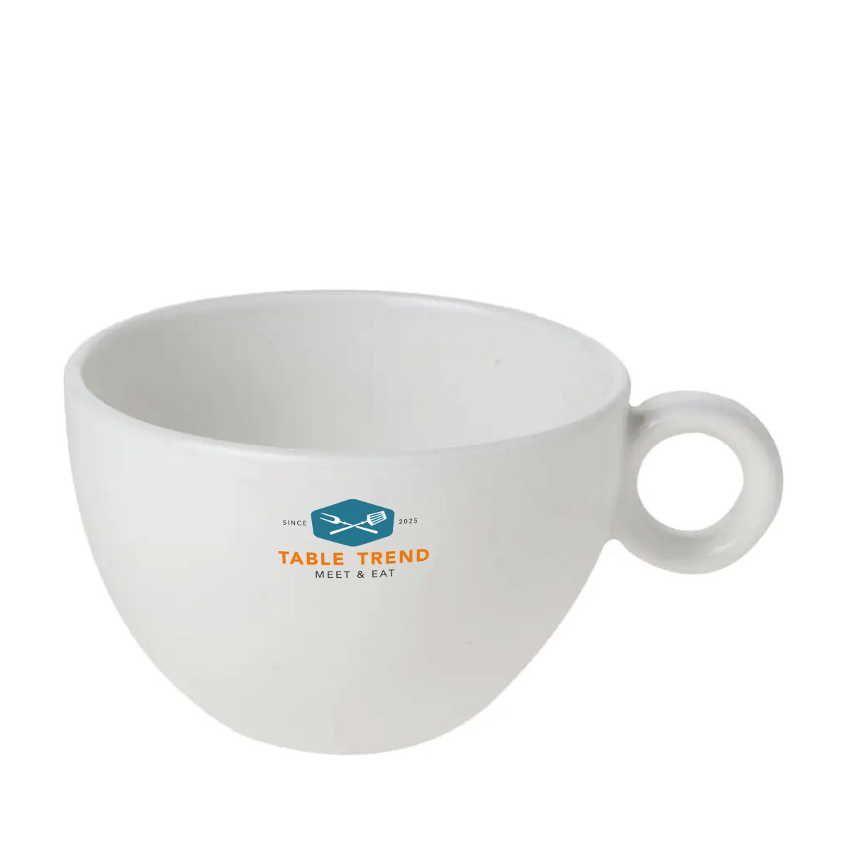 Front of the Bola coffee latte cup 28 cl. printed with multi-coloured TableTrend logo.
