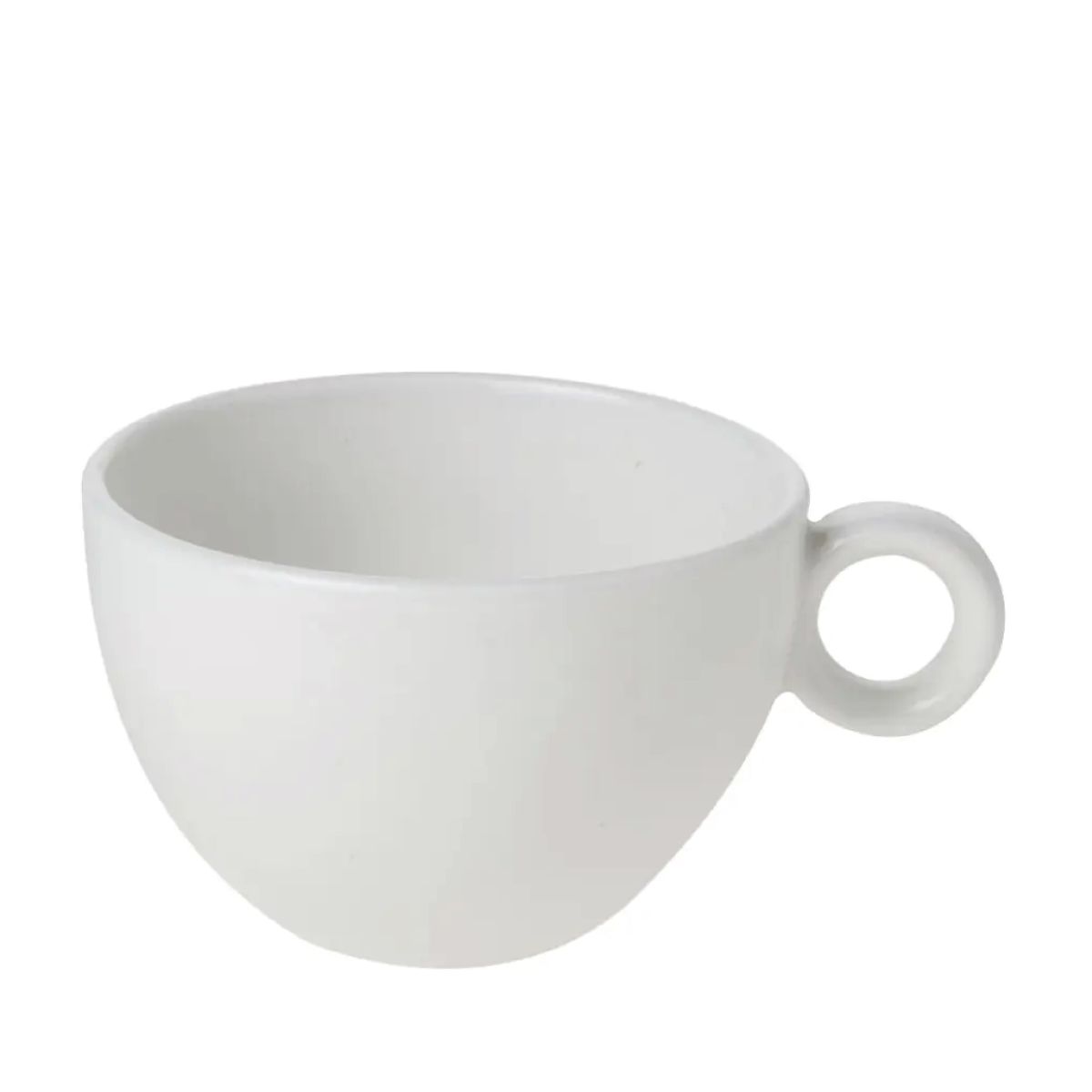 Front view of Bola coffee latte cup 28 cl. made of white porcelain with spherical design. Front view of Bola coffee latte cup 28 cl. made of white porcelain with spherical design.