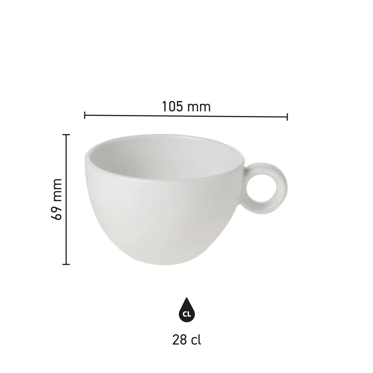 Infographic showing product dimensions of the Bola coffee latte cup 28 cl, porcelain.
