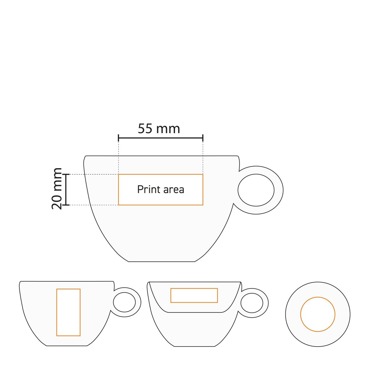 Technical working drawing with printing area for printing on Bola coffee latte white 28 cl. in porcelain set