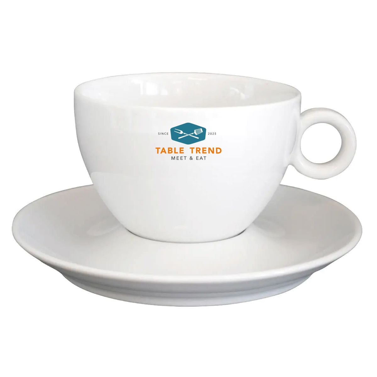Bola latte white 28 cl. printed with TableTrend logo in several colours.