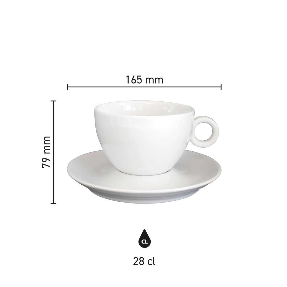 Infographic showing height, capacity and diameter of the Bola coffee latte cup 28 cl. porcelain.