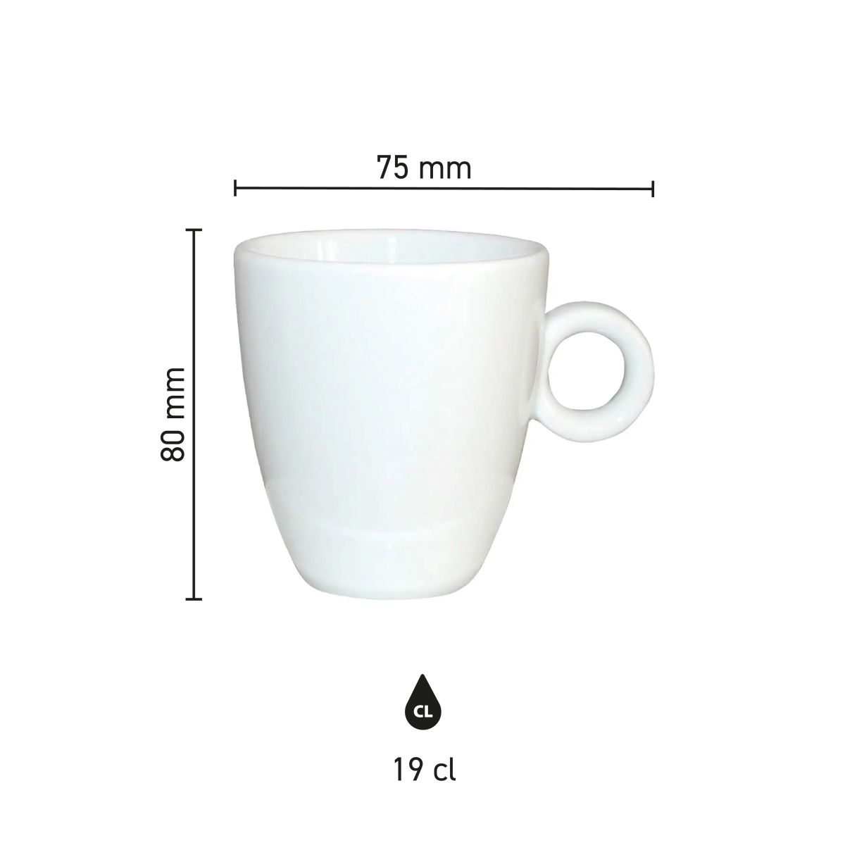 Infographic toont hoogte, diameter en inhoud van porseleinen Bola mok 19 cl.
