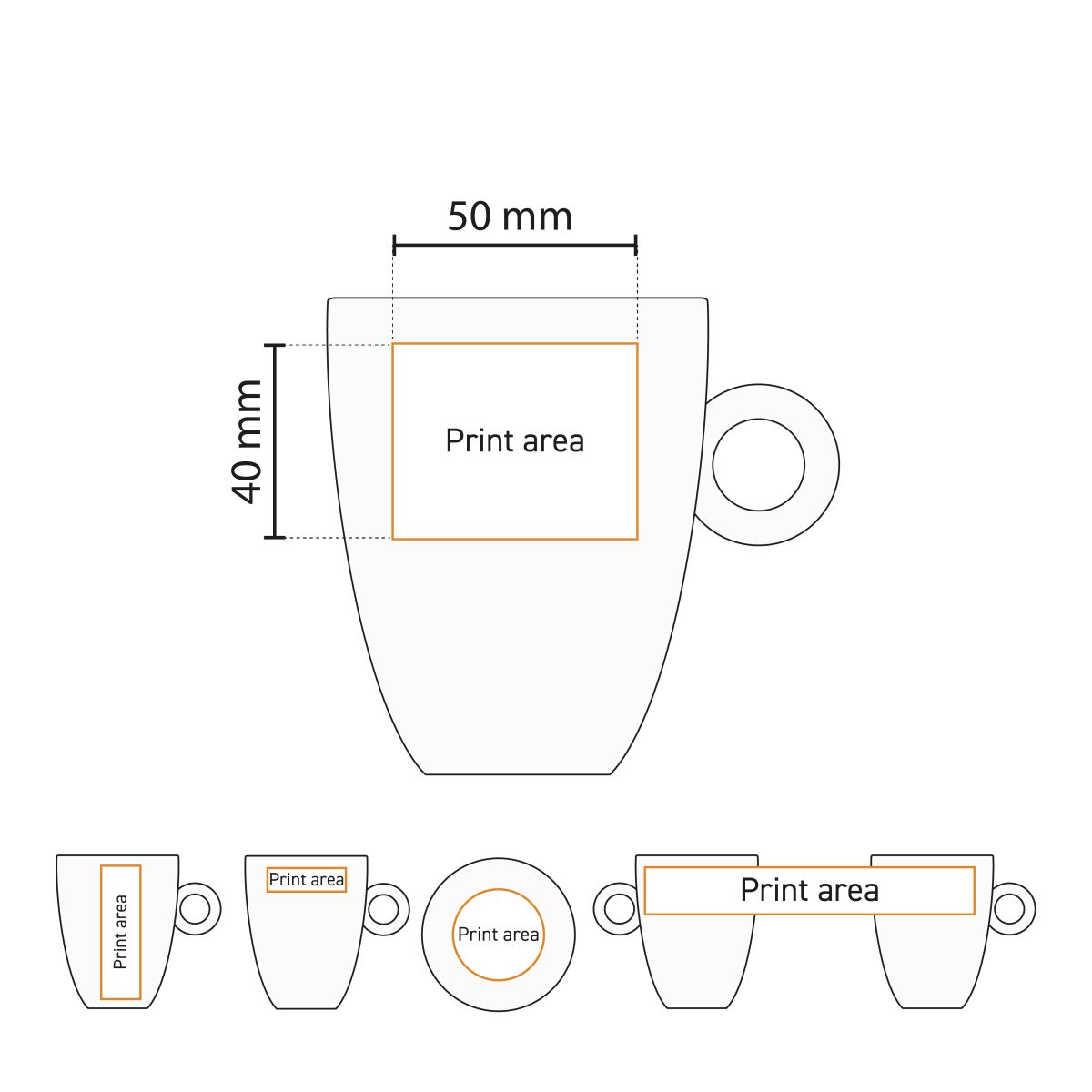 Printing area on working drawing of Bola mug 25 cl porcelain clearly marked.