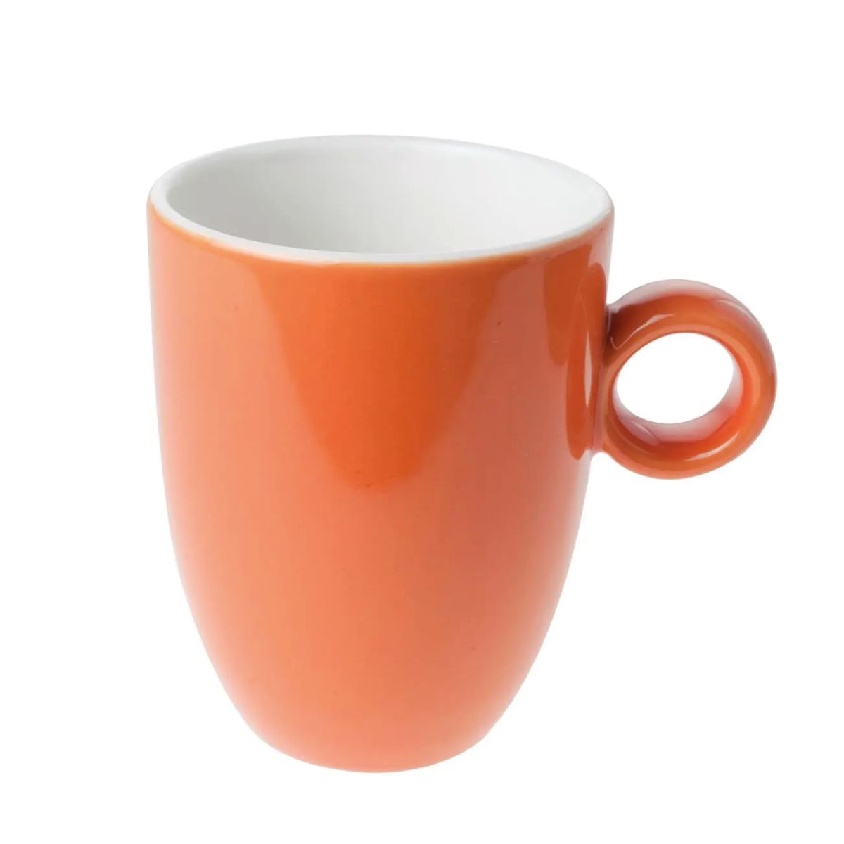 Frontal view of orange-white Bola mug made of porcelain, 25 cl. without decoration.