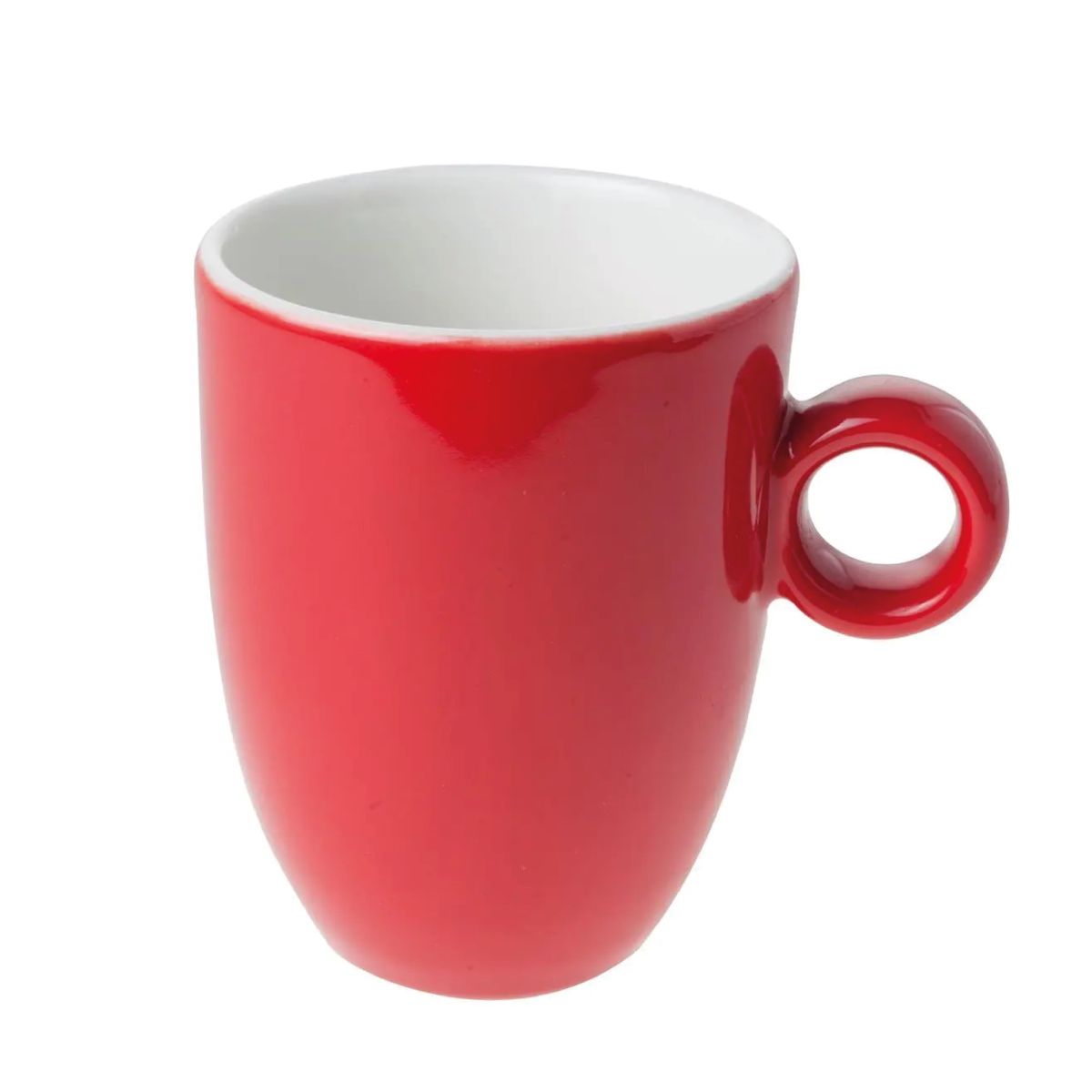 Frontal view of red and white Bola mug made of porcelain, 25 cl. without decoration.