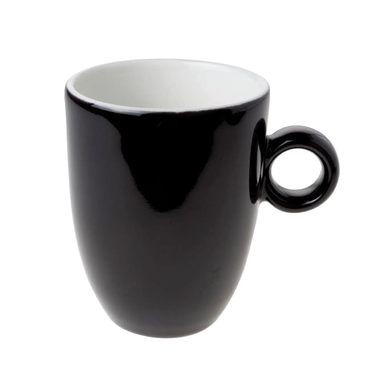Frontal view of black and white porcelain Bola mug, 25 cl. without decoration.