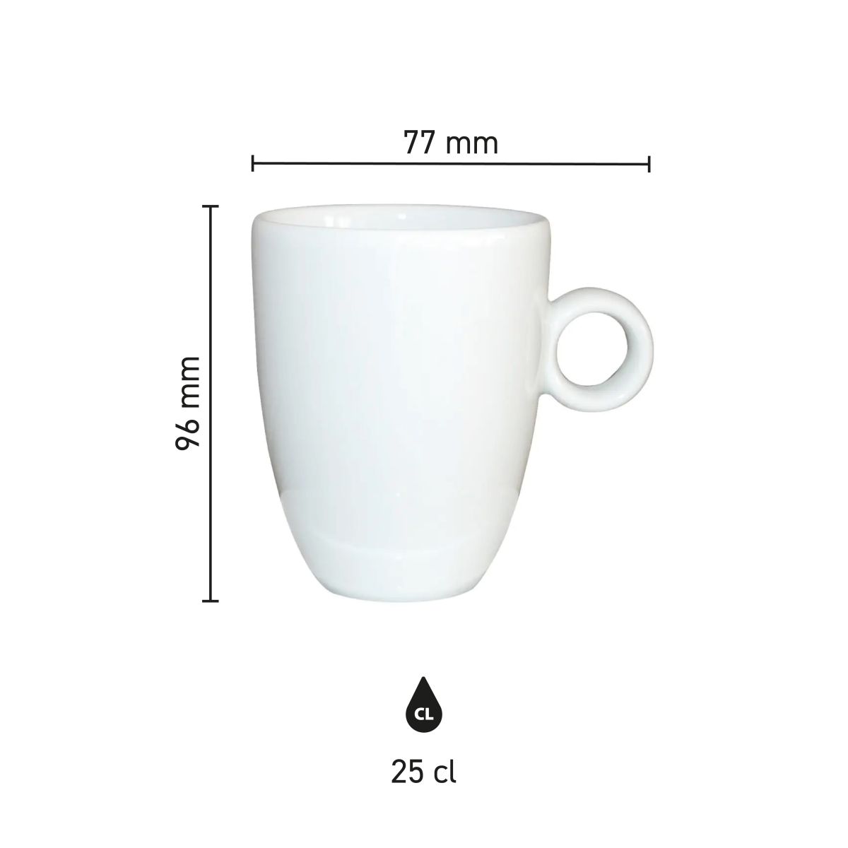 Infographic of porcelain Bola mug 25 cl. with dimensions.