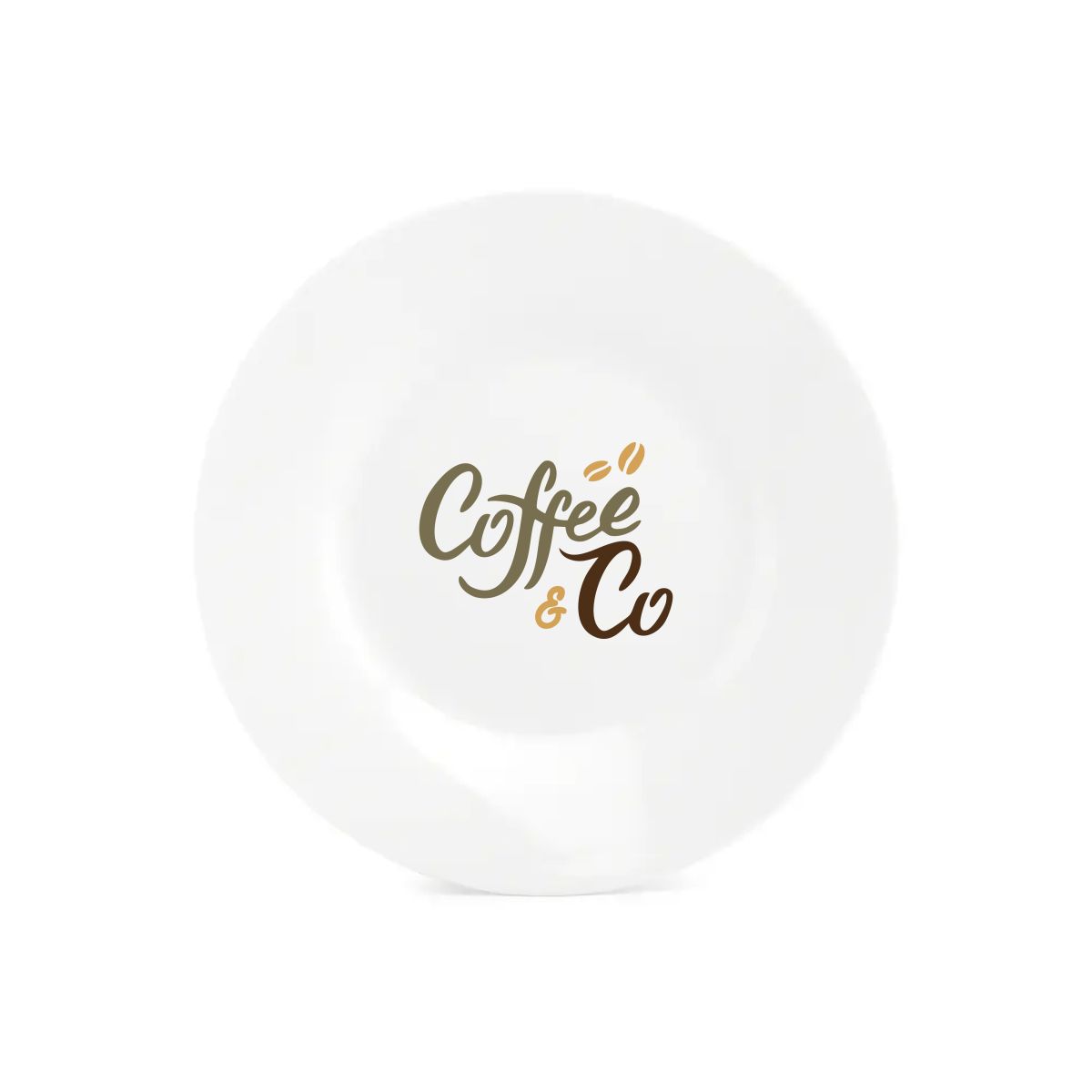 Porseleinen bord Basic 15 cm met meerkleurig CoffeeCo-logo zichtbaar op het voorvlak.