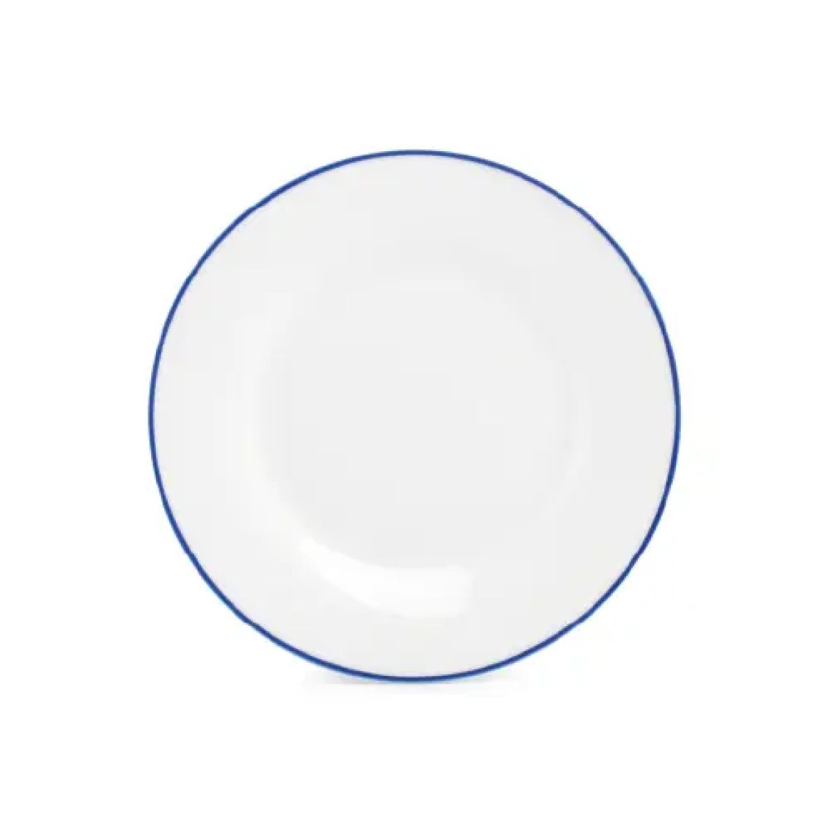 Rond bord van wit porselein met blauwe rand uit de Basic lijn, 15 cm doorsnee, recht van voren weergegeven.