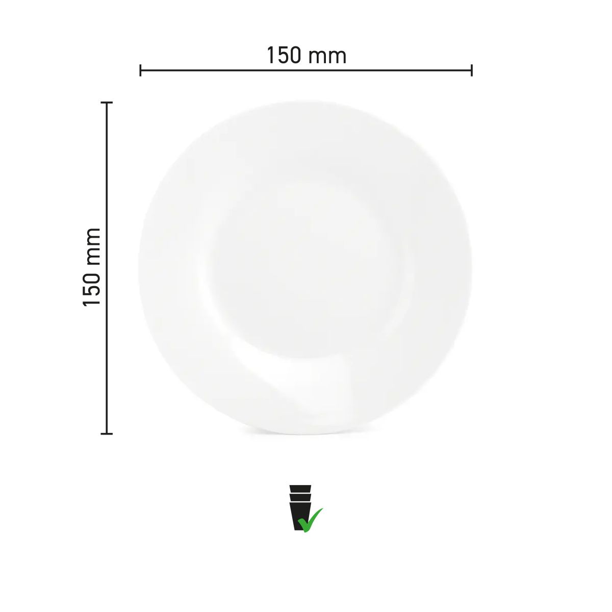 Infographic toont de diameter en randhoogte van het porseleinen bord Basic 15 cm.
