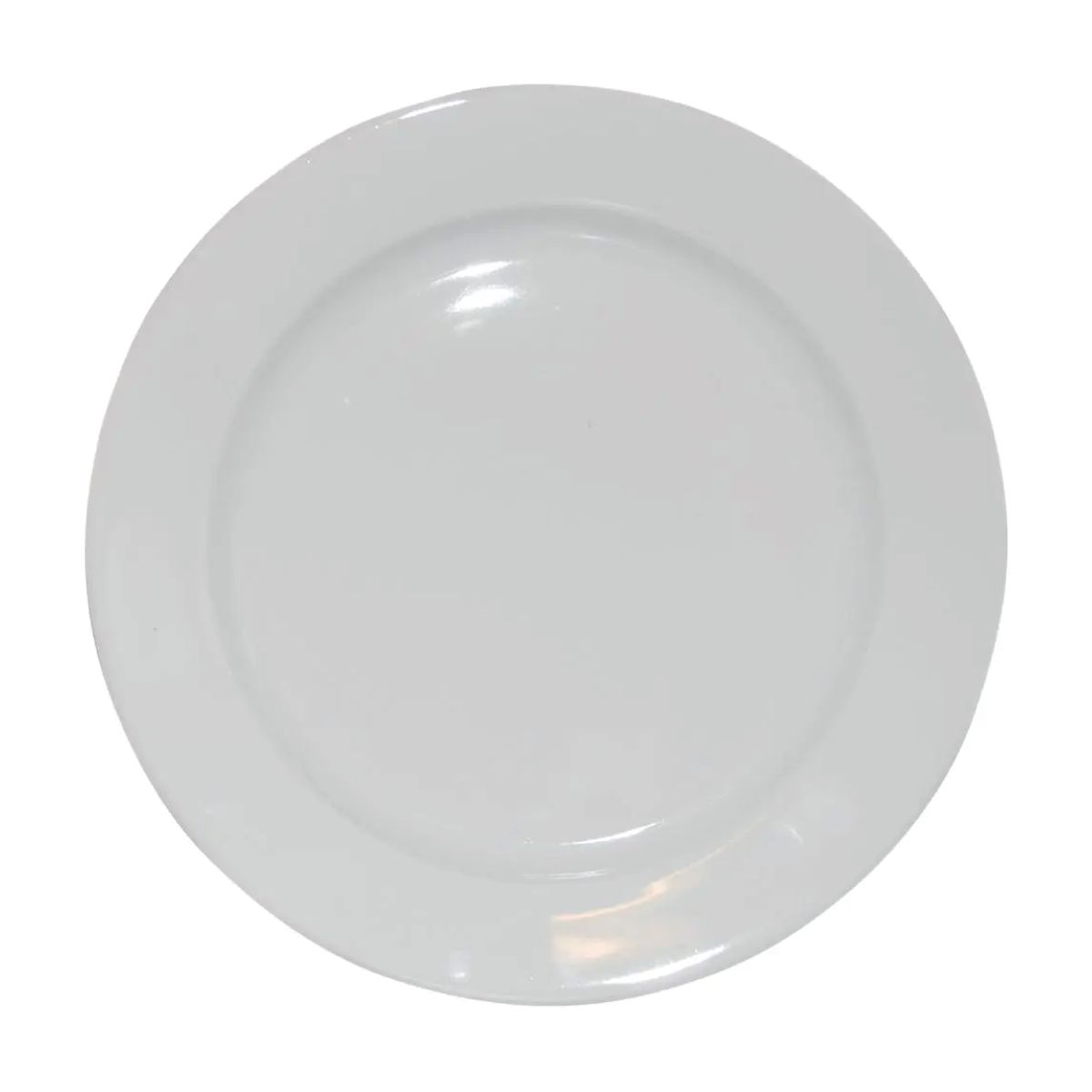Frontaal beeld van een wit bord van 26,5 cm van porselein met een brede rand. Frontaal beeld van een wit bord van 26,5 cm van porselein met een brede rand.