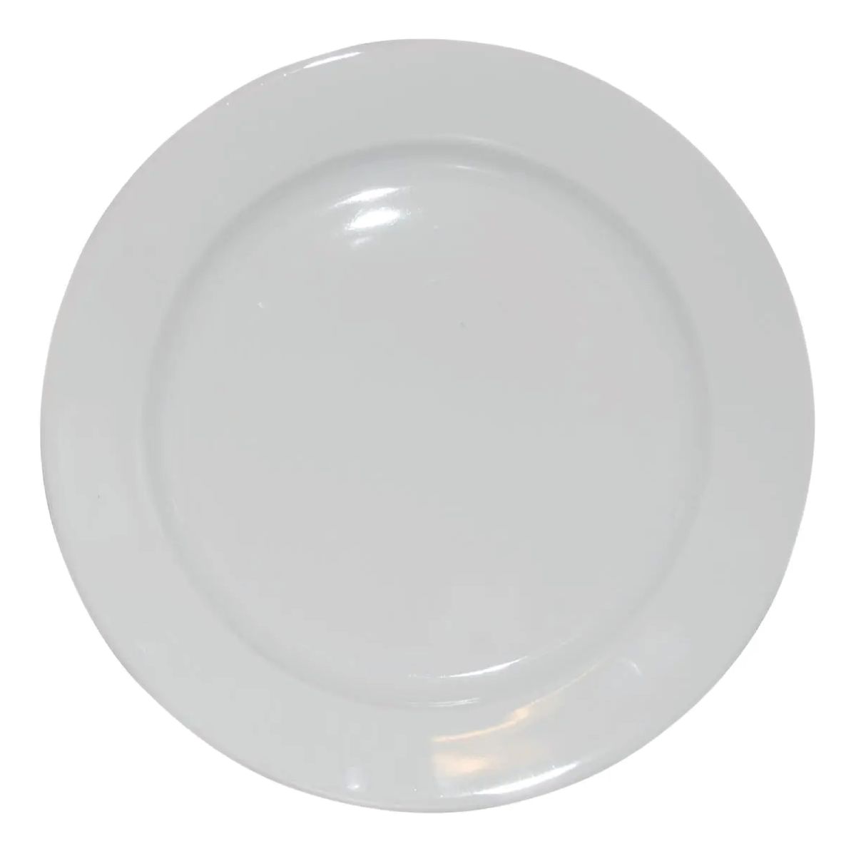 Front view of a 28 cm white porcelain plate with wide, flat rim. Front view of a 28 cm white porcelain plate with wide, flat rim.
