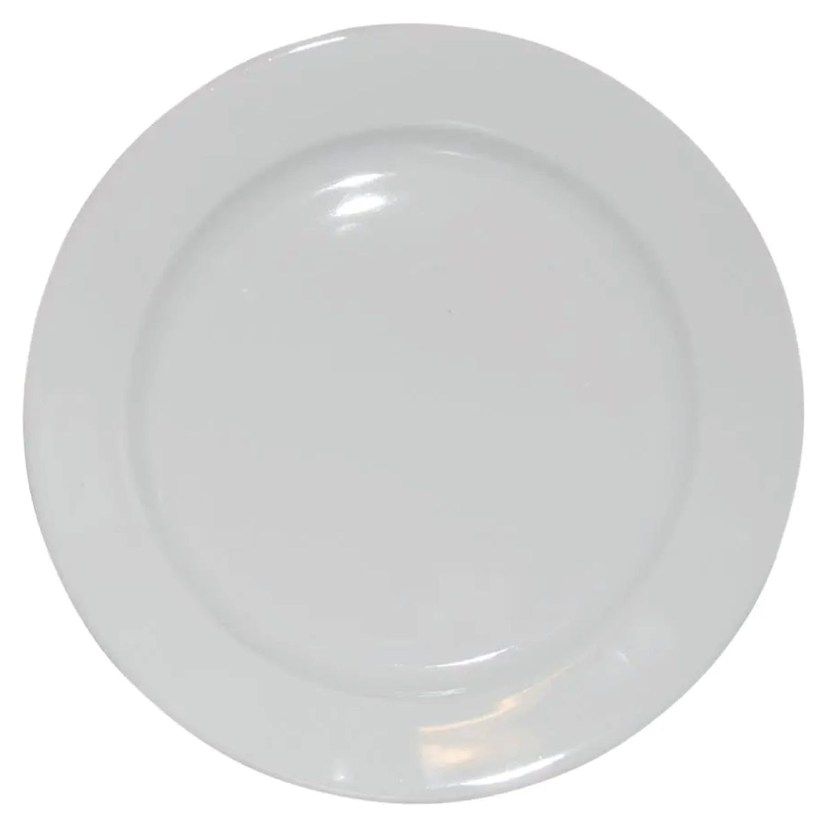 Frontal view of a large 30.5 cm porcelain plate with white finish and wide rim. Frontal view of a large 30.5 cm porcelain plate with white finish and wide rim.