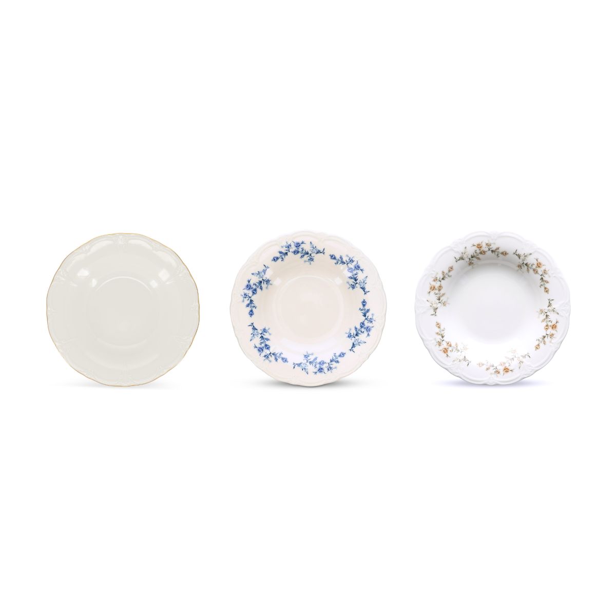 Overview of colour variations of Retro deep plate 24 cm porcelain on neutral background.