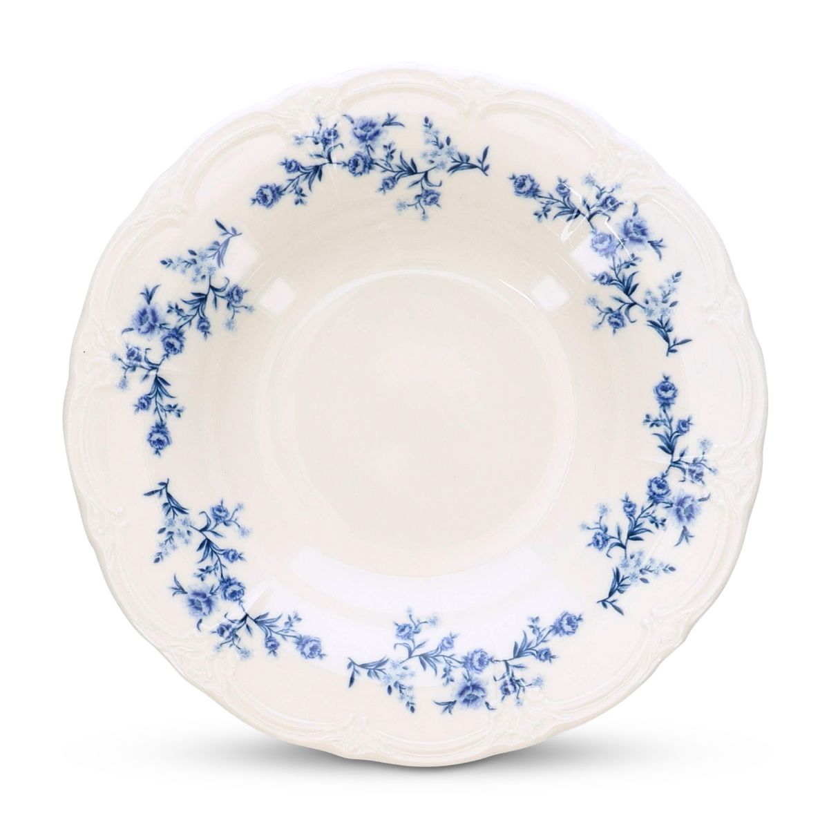 Front view of deep plate Retro 24 cm in ivory-blue porcelain with smooth finish and rounded rim.