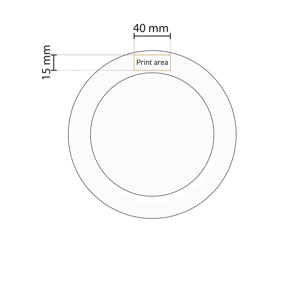 Drukgebied weergegeven op werktekening van porseleinen bord Princip 15 cm voor personalisatie.