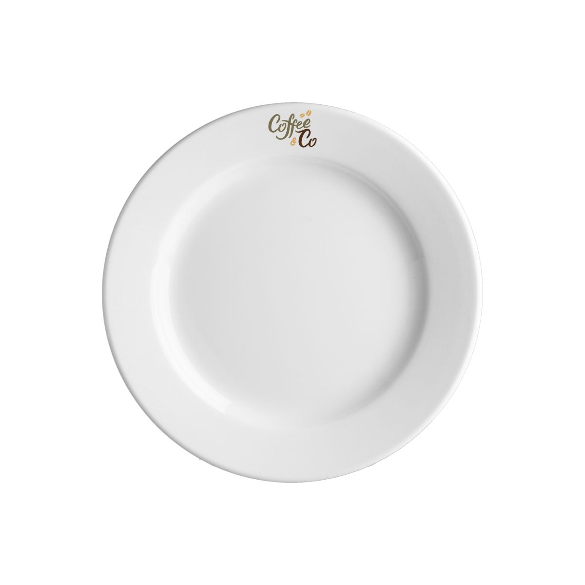 Front view of Plate Princip 17 cm porcelain with multicoloured CoffeeCo logo printed centrally.