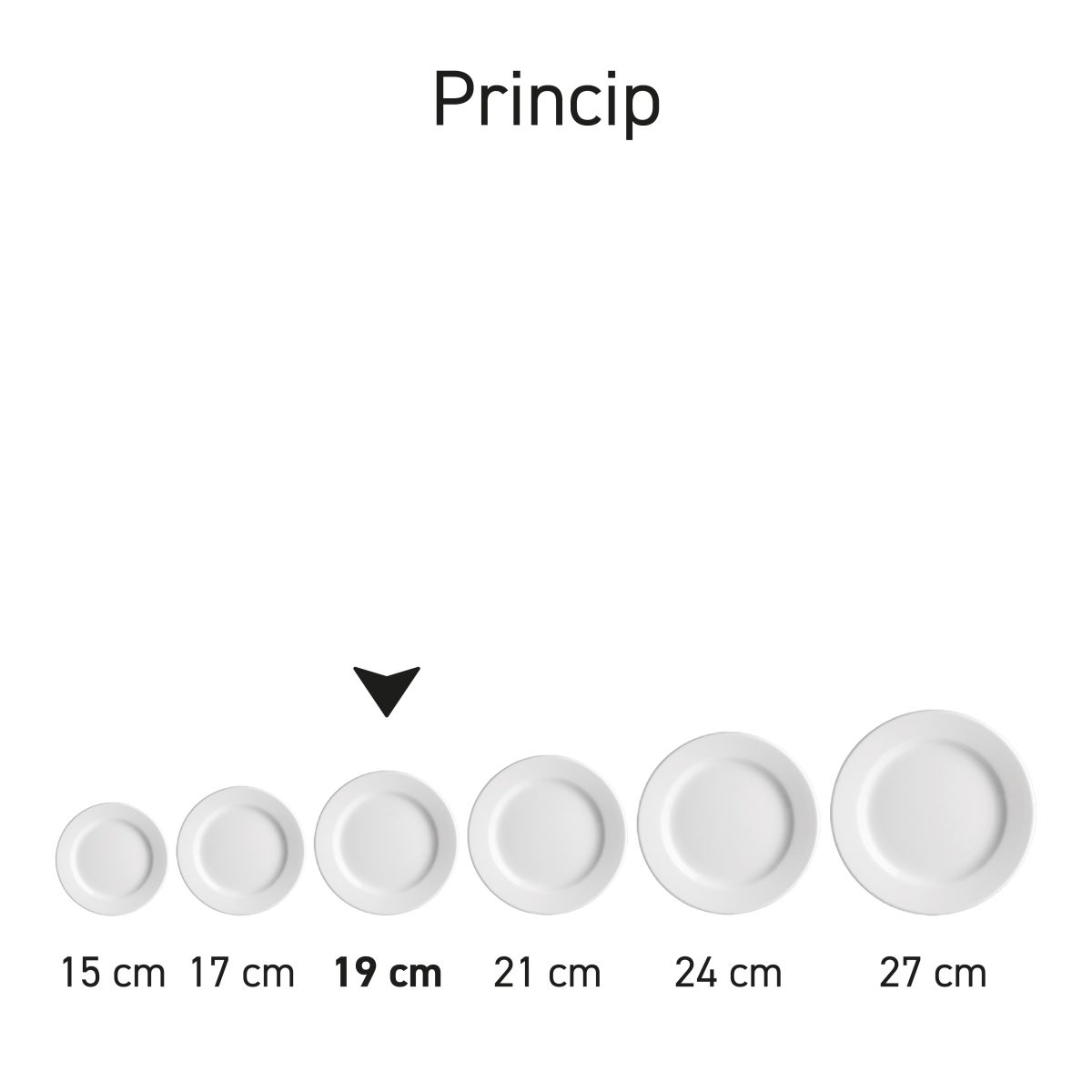 Series display of several identical plates Princip porcelain of different sizes from the Princip series.