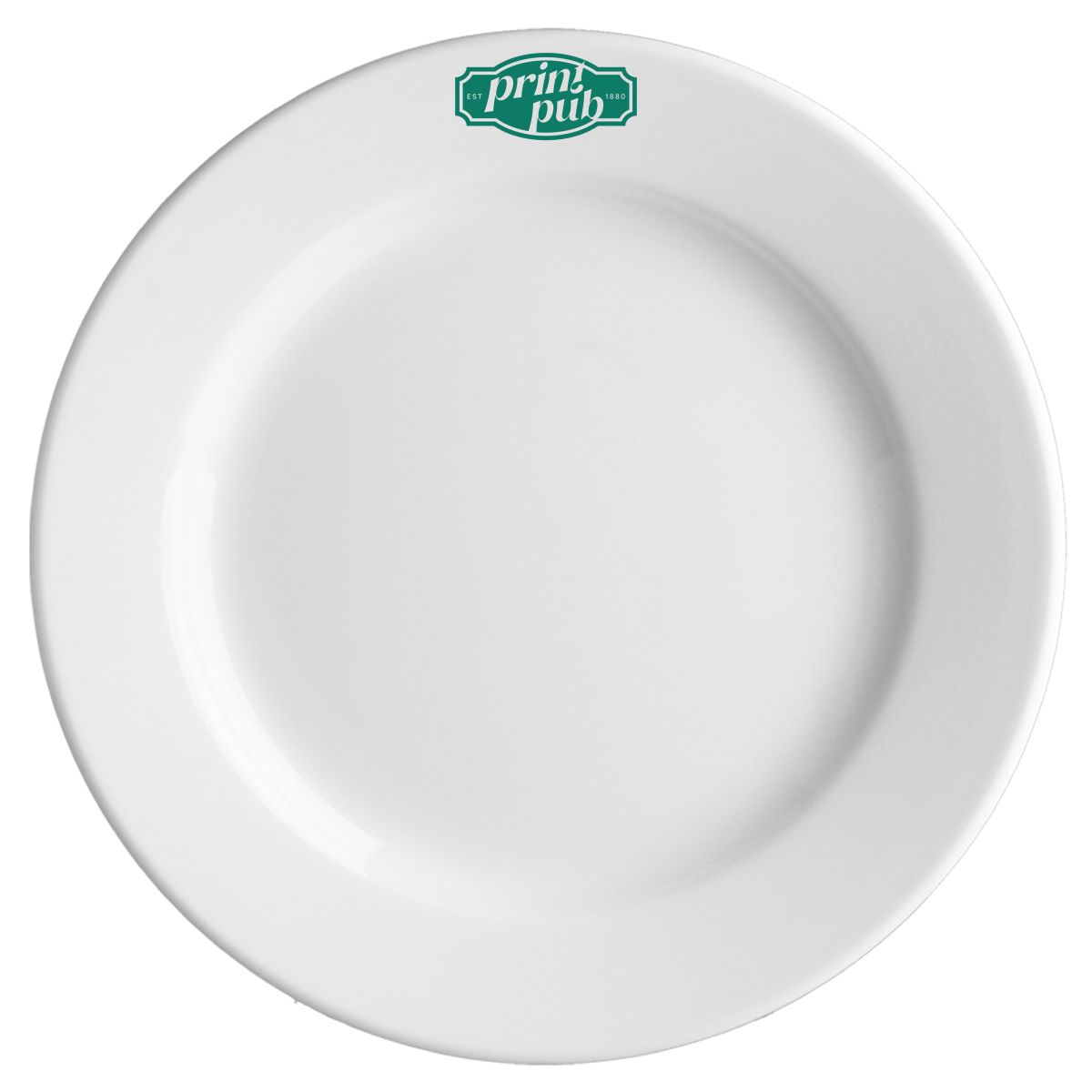 Princip bord 28 cm porselein met enkelkleurig PrintPub-logo gecentreerd op het bovenoppervlak.