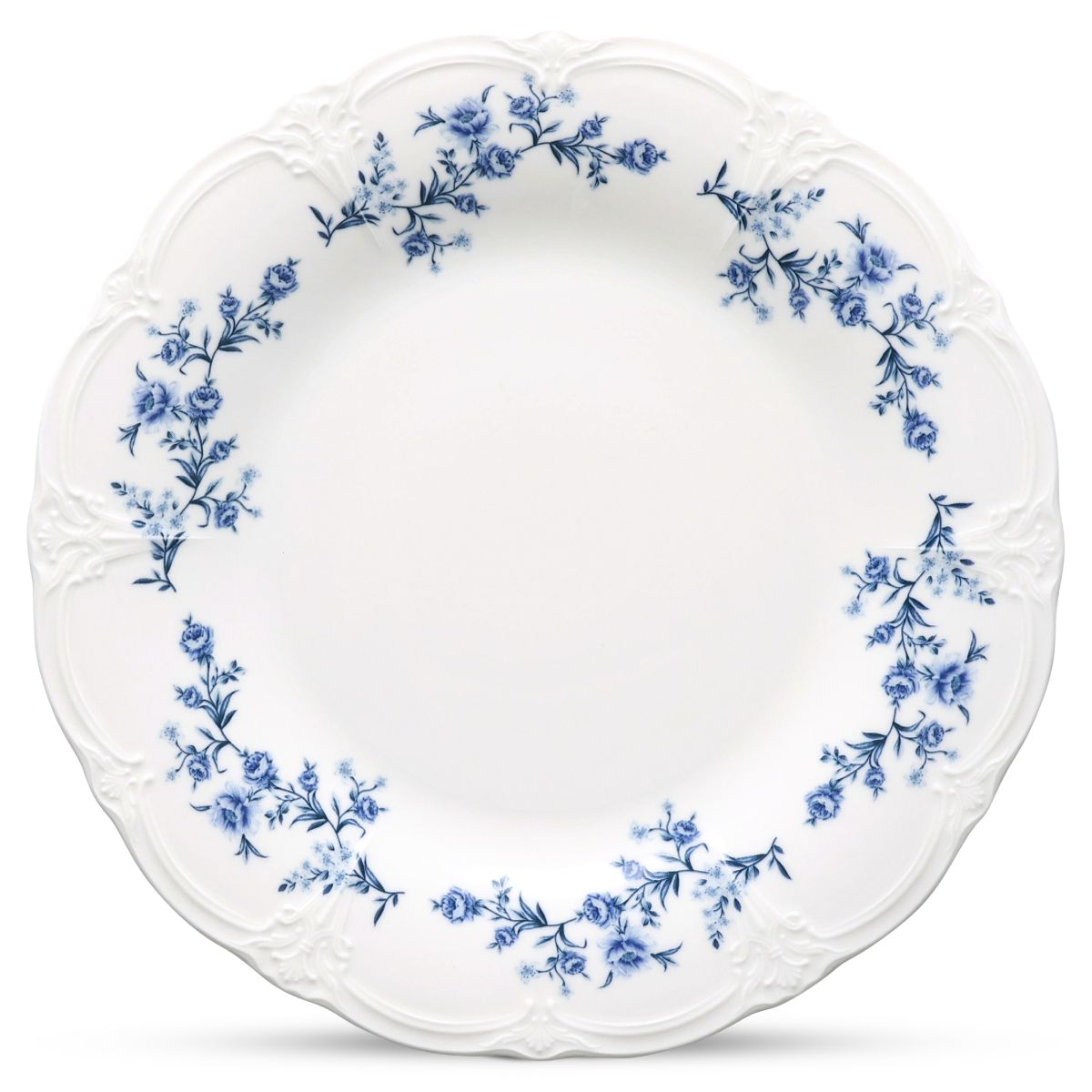 Round ivory-blue plate Retro 32 cm with smooth surface and subtle raised rim in frontal view.