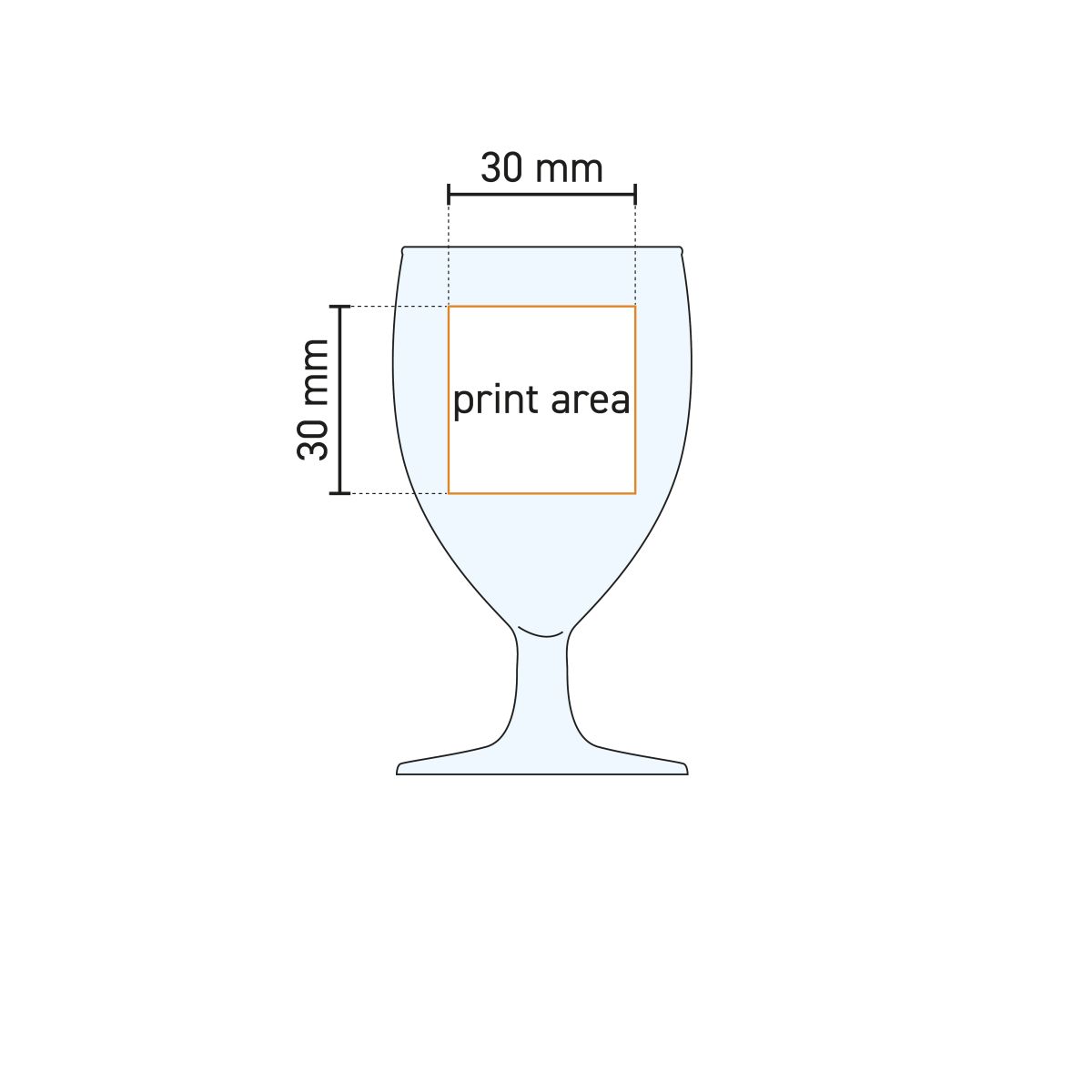 Technical working drawing with printing area on Guild shot glass 3.5 cl, indication of printing area.