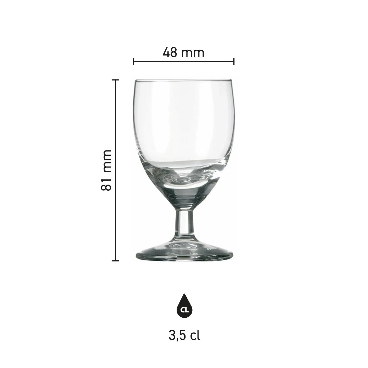 Infographic showing dimensions of shot glass Guild 3.5 cl, including height and diameter.