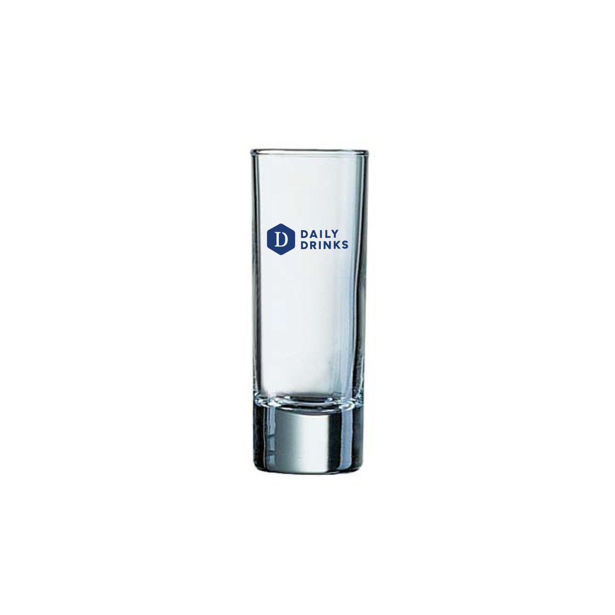 Shot glass Islande 6.5 cl. with one-coloured DailyDrinks logo on front, printed on glass clear base.