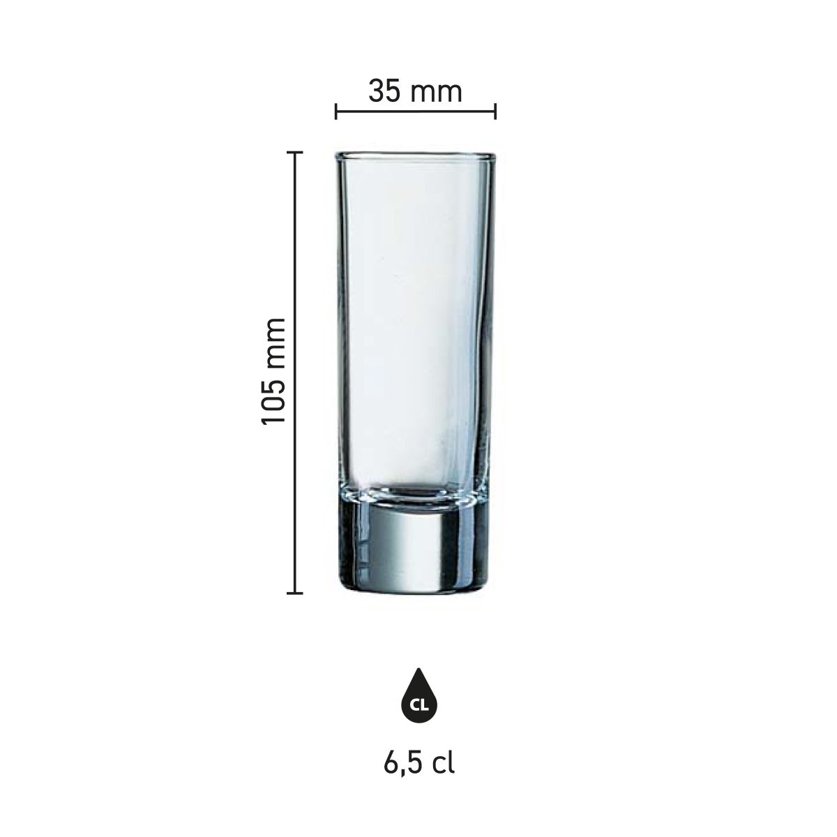 Infographic showing dimensions of shot glass Islande 6.5 cl. including diameter and height.