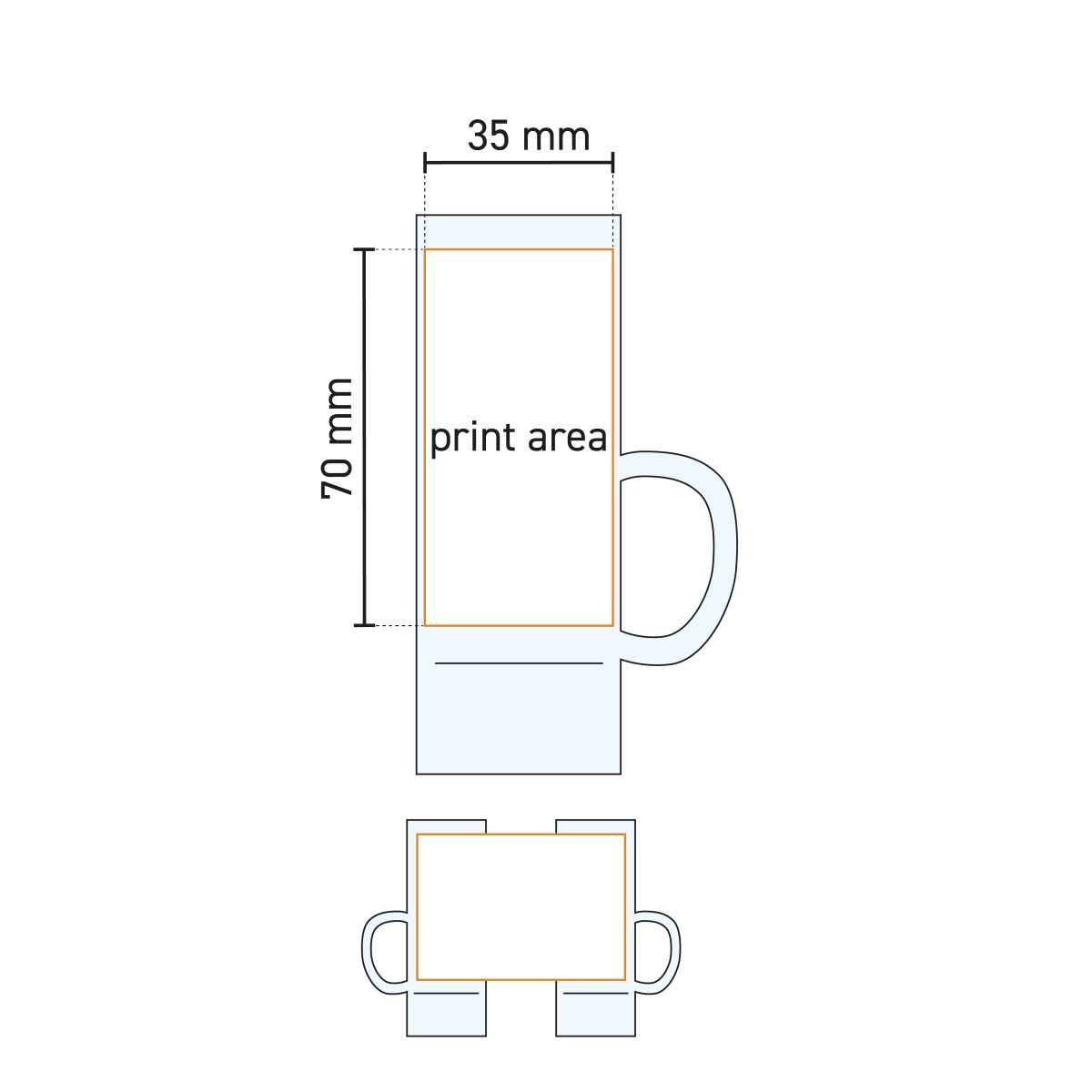 Technical working drawing with printing area on Islande shot glass 5.5 cl with ear, markings for printing.