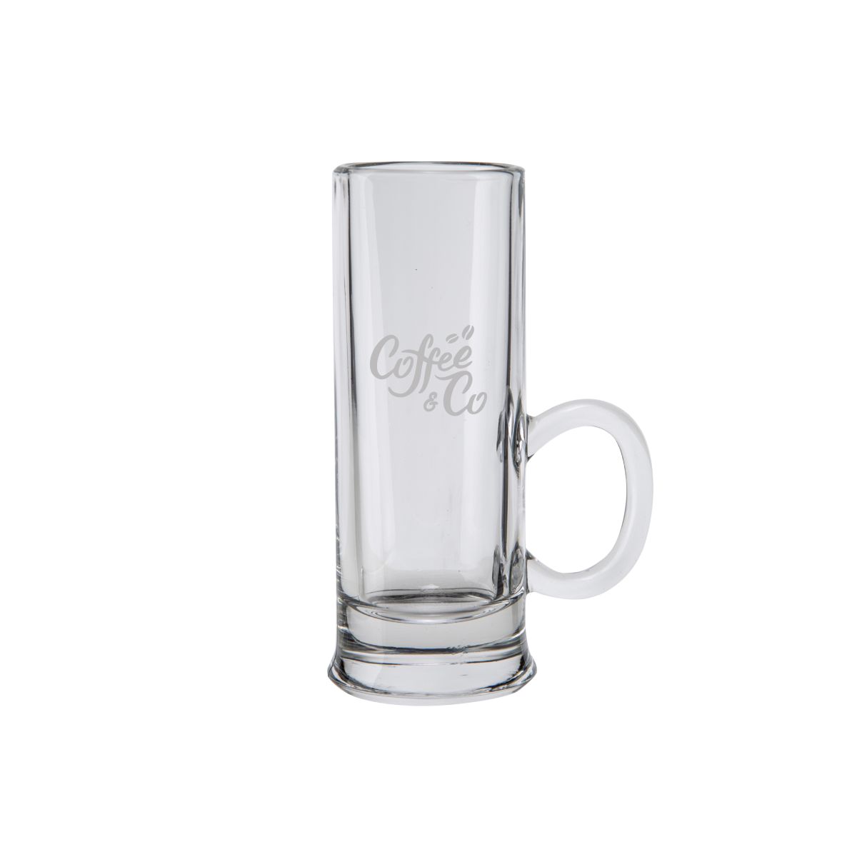 Engraving of CoffeeCo logo on front of shot glass Islande 5.5 cl. with ear, subtly visible in glass.