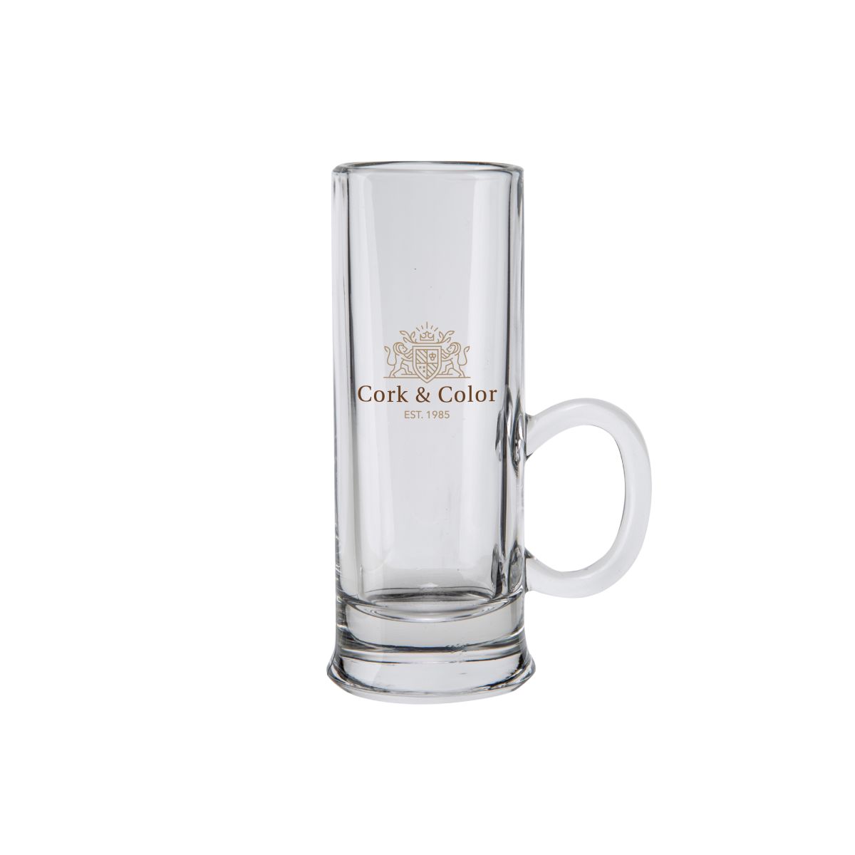 Shot glass Islande with ear 5.5 cl. with multicoloured CorkColor logo on front view, crystal clear base.