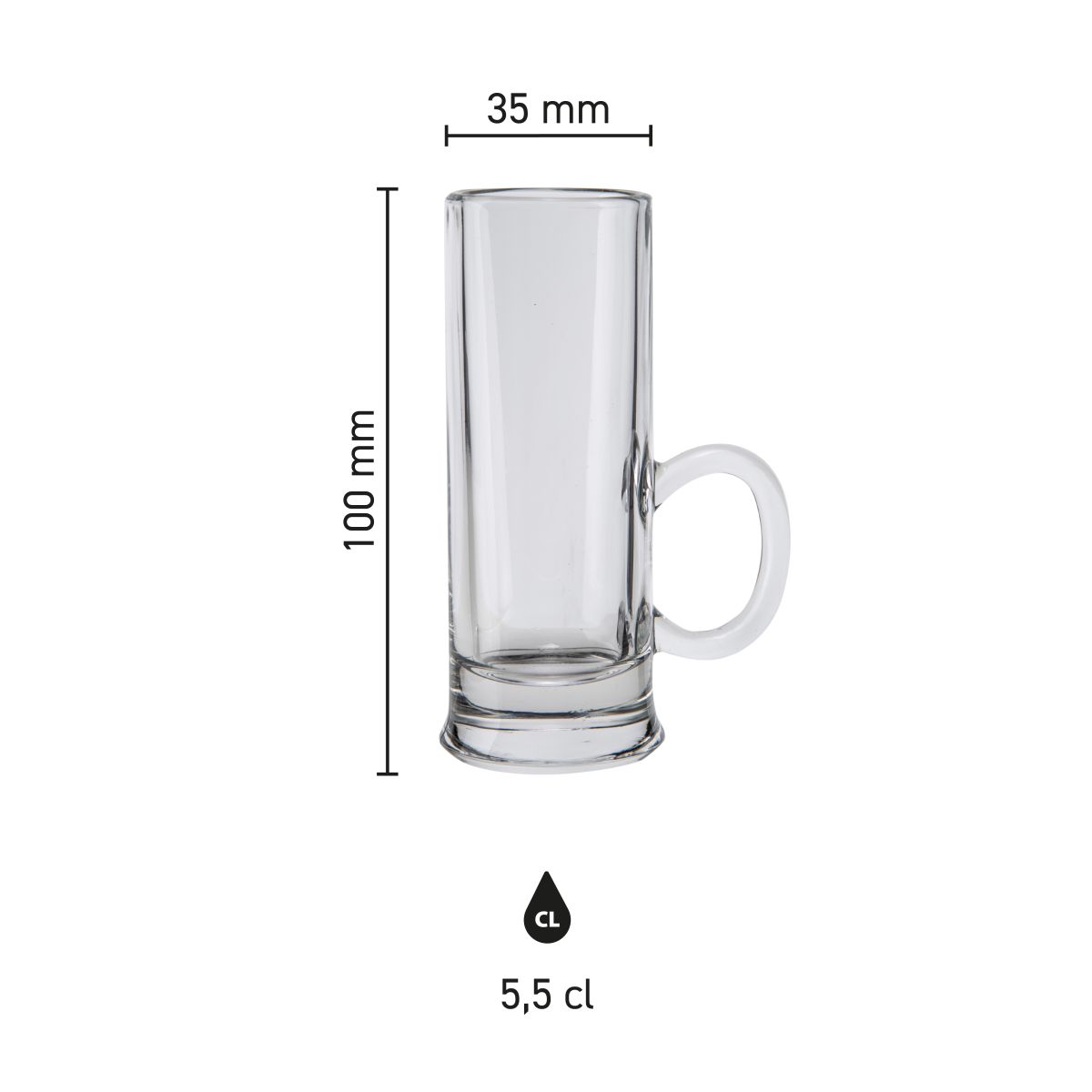 Infographic showing dimensions of Islande shot glass with ear 5.5 cl, including height and diameter.