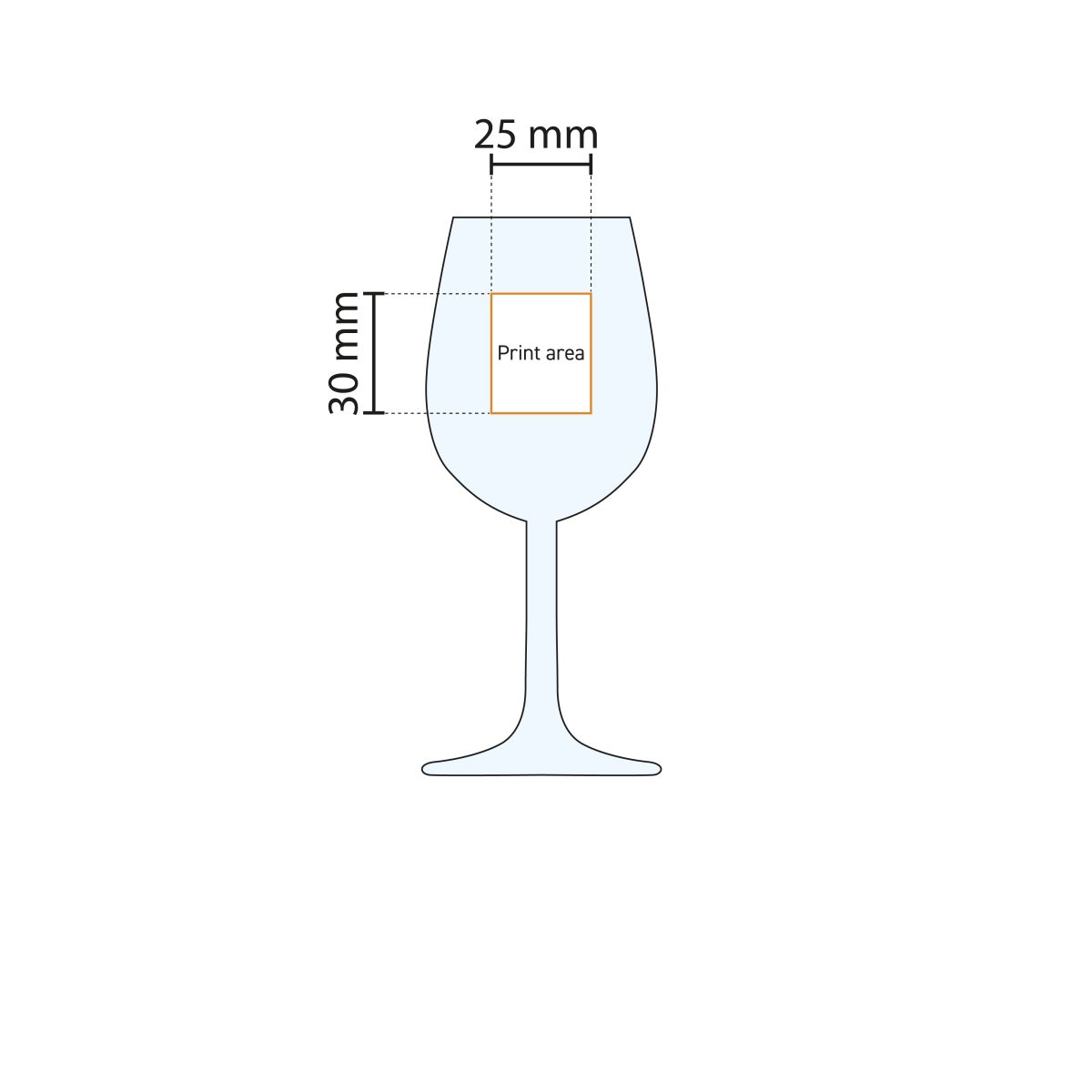 Printing area display for logo printing on the Bouquet port glass 14 cl. in working drawing.