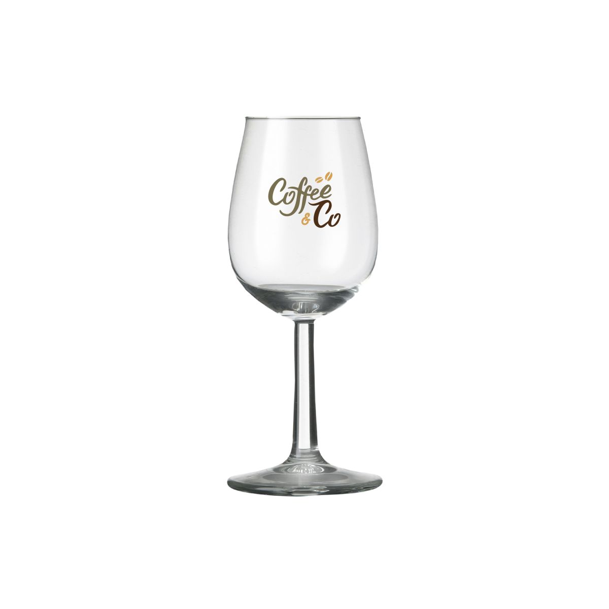 Bouquet port glass 14 cl. printed with multicoloured CoffeeCo logo on the front.