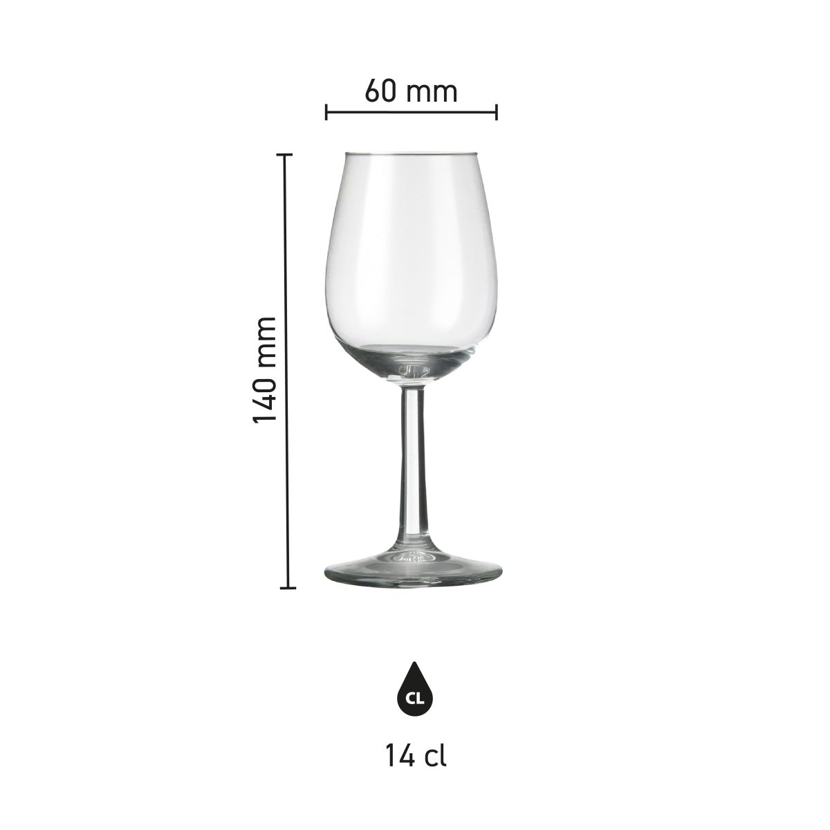 Infographic showing glass dimensions of Bouquet port glass 14 cl.