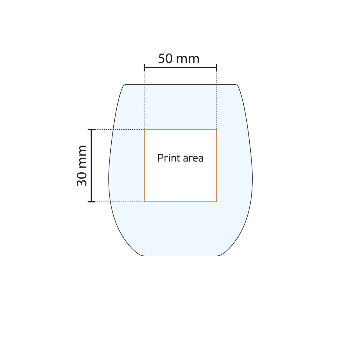 Gedetailleerde werktekening van het drukgebied op het 39 cl Bouquet Tumbler glas voor bedrukking.