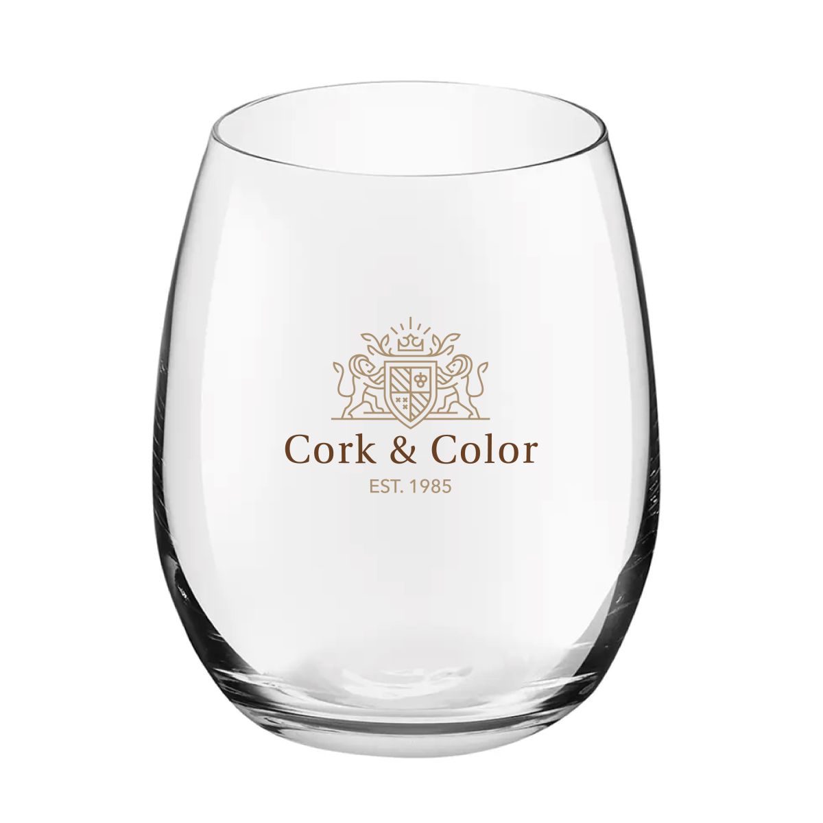 CorkColor-logo in meerdere kleuren op het vooraanzicht van een Bouquet Tumbler glas van 39 cl.