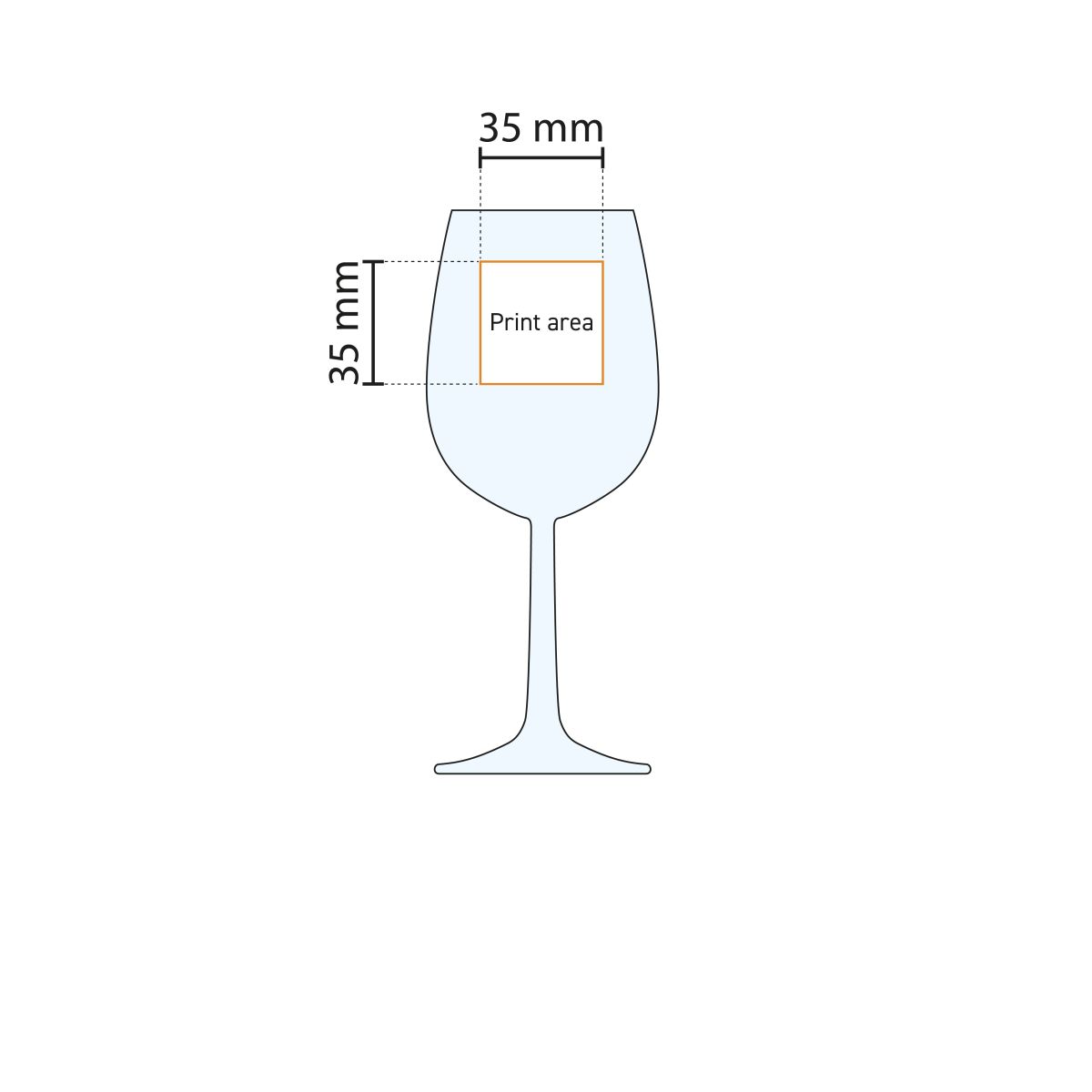 Technical working drawing with printing area on Bouquet wine glass 23 cl.