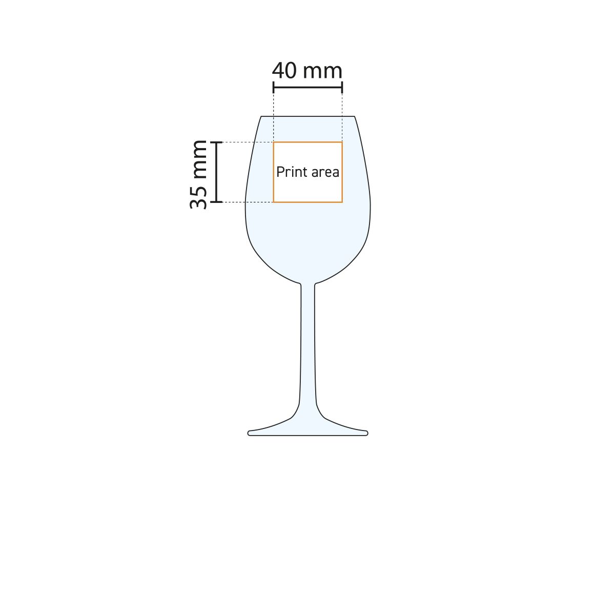 Technical working drawing indicating the printing area on Bouquet wine glass 29 cl.